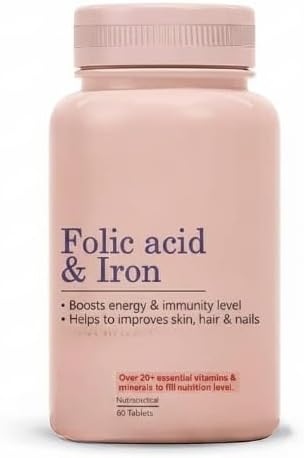 Folic Acid &amp Iron Supplements |Supports Pregnancy| Iron Production| Reduces Hair Fall| for Men &amp Women| Vegan|– 60 Tablets