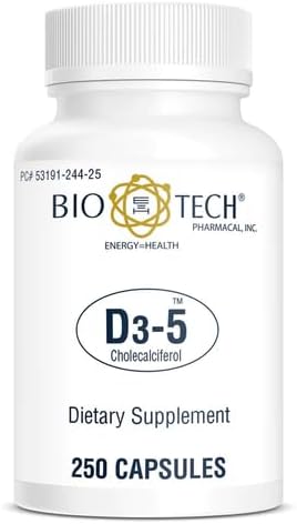 Bio-Tech Pharmacal D3-5 (5000 IU) 250 Capsules – All-Natural Supplement – Supports Bone &amp Immune Health – No Dairy Fish Gluten Peanut Shellfish &amp Soy – No Artificial Colors