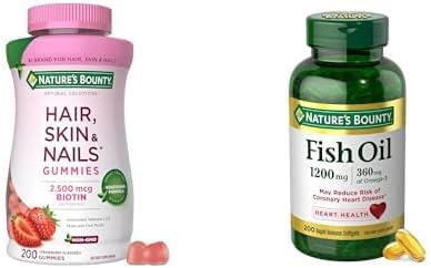 Nature’s Bounty Hair Skin &amp Nails Gummies with Biotin (200 Ct) + Fish Oil Omega-3 1200mg Softgels (200 Ct) | Beauty &amp Heart Health Supplement Bundle