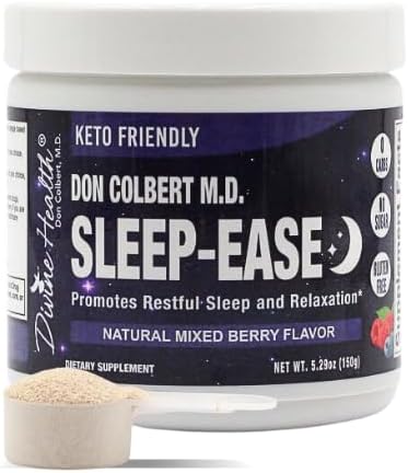 Dr. Colbert MD Sleep-Ease Powder | Mixed Berry Flavor | by Divine Health | KSM-66 Ashwagandha | 5-htp | 5mg Melatonin | Lemon Balm | L-Theanine | Sugar Free | 30 Day Supply | 5.29 oz