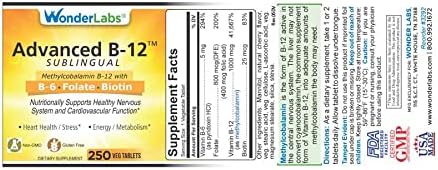 Wonder Laboratories Sublingual Vitamin B12 (1000 mcg) B6 (5mg) Folic Acid(400 mcg) &amp Biotin (25mcg) - Formulated with Methylcobalamin Vitamin B-12 (250 Tablets)