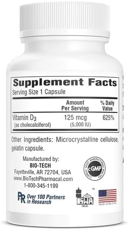 Bio-Tech Pharmacal D3-5 (5000 IU) 250 Capsules – All-Natural Supplement – Supports Bone &amp Immune Health – No Dairy Fish Gluten Peanut Shellfish &amp Soy – No Artificial Colors