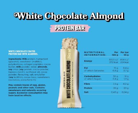 Barebels White Chocolate Almond Protein Bar 20g Protein No Added Sugar Naturally &amp Artificially Flavored High Protein Snack Bar Meal Replacement &amp Workout Bar 4-Pack (55g Each) (Packagin