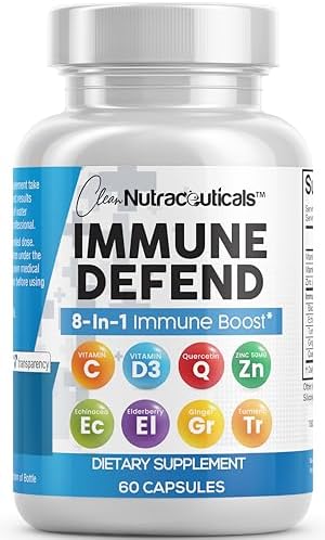 Clean Nutraceuticals Immune Defense Support Supplement 8 in 1 with Zinc 50mg Quercetin VIT C 1000mg Vitamin D3 5000 IU Elderberry Ginger - Immunity System Booster for Adults Vegan - 60 Count