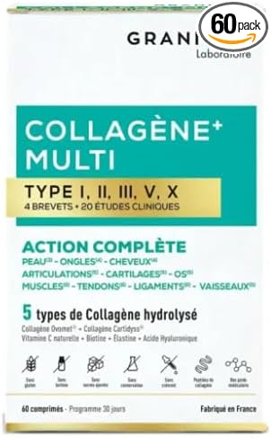 Granions Hydrolyzed Multi Collagen Peptides Pills for Women &amp Men - Type I II III V X Ovomet Egshell Membrane Elastin Hyaluronic Acid Marine Collagen Biotin Copper Vitamin C Complex - 60