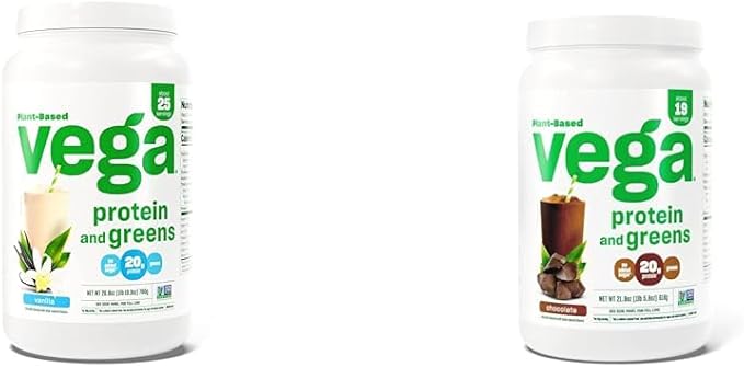 Vega Protein and Greens Protein Powder Vanilla - 20g Plant Based Protein Plus Veggies Vegan &amp Protein and Greens Protein Powder Chocolate (19 Servings) - 20g Plant Based Protein Plus