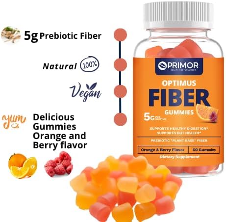 Fiber Gummies Supports Digestion Health &amp Regularity - 5 Grams of Prebiotic Fiber - Vegetarian – Gluten Free – 100% Natural - for Women &amp Men – Made in USA – 60 Gummies