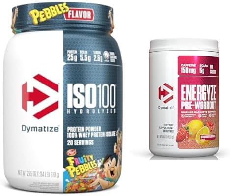 Bundle of Dymatize Fruity Pebbles ISO100 Whey Protein Powder Isolate and Energyze Strawberry Lemonade Pre Workout Powder
