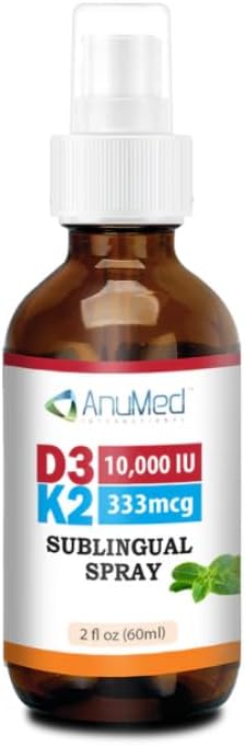 Vitamin D3 K2 10000 IU Liquid Spray with Organic MCT Oil Vitamin A (Retinol) 1250mcg K2 (MK4MK7) Promotes Heart Bones Immune System. 100% Vegan Non-GMO Gluten-Free No Sugar Added (2oz)
