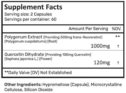 Resveratrol 1000mg Trans-Resveratrol + Quercetin Sirtuin Activator Boosts NAD Levels 120 Capsules 2 Month Supply