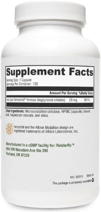 HormoneSynergy Iron Glycinate 29mg - Gentle Highly Absorbable Iron Supplement - 120 VCaps with Pharmaceutical Grade Formula - Supports Healthy Ferritin &amp Hemoglobin Levels