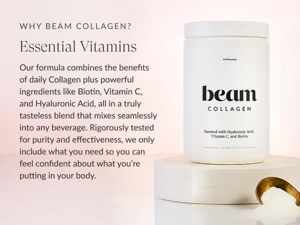 Beam Collagen Powder Collagen for Women Collagen with Hyaluronic Acid Collagen Peptides Type 1 and 3 with Biotin Grass Fed Bovine Third-Party Tested Best for Coffee Vitamin C 30 Servings