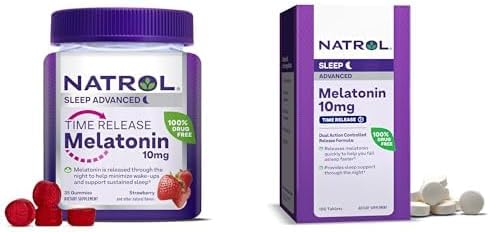 Bundle of Natrol Time Release Melatonin 10 mg 100 Tablets Dietary Supplement for Restful Sleep &amp Natrol Time Release Melatoning 3mg Gummies 35 Strawberry-Flavored Melatonin Gummies 35 Day Supp