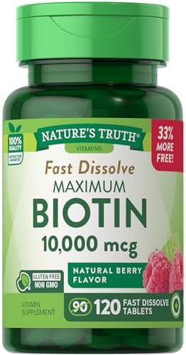 Nature's Truth Biotin 10000 Mcg Supplement for Hair Growth 120 Fast-Dissolve Biotin Supplement Bundled Plastic Measuring Spoon - Vegetarian Non-GMO Berry Flavored [Pack of 3]