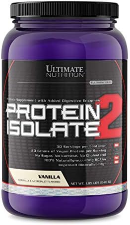 Ultimate Nutrition Vegan Plant Based Protein Isolate Powder - No Sugar and No Lactose - 20 Grams of Protein Per Serving with 100% Naturally Occurring BCAAs Vanilla 2 Pounds