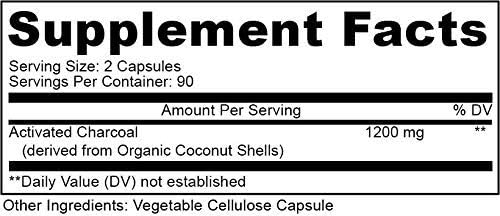 PURELY beneficial Activated Coconut Charcoal 1200mg 180 Capsules - Pills for Digestive System Bloating Vegan (1bottle)