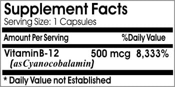 B-12 Vitamin 500mcg 100caps // 100 Capsules // Pure // by PureControl Supplements