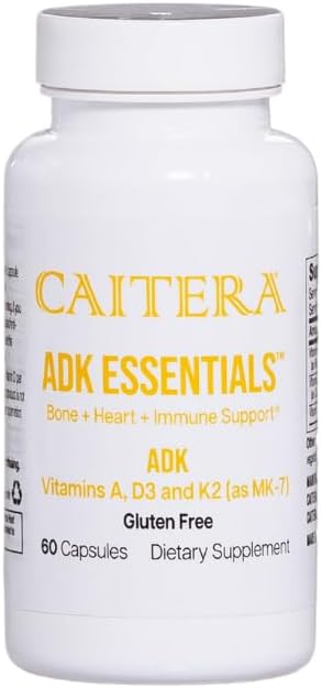 ADK Essentials | Vitamin A D K (as MK-7) Dietary Supplement for Bone + Heart + Immunity | Supports Bone Density/Integrity Calcium Utilization and Cardiovascular System | Vegan 60 Capsules