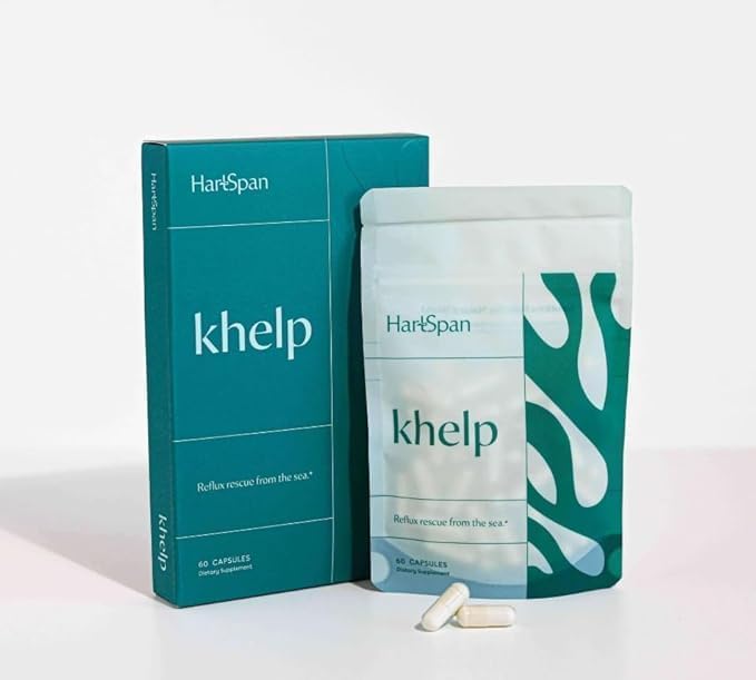 Khelp All-Natural Reflux Support – Premium Alginate Supplement | GERD Heartburn LPR &amp Acid Reflux | Drug-Free Designed for Daily Use | No Dyes or Flavors | 60 Vegan Capsules
