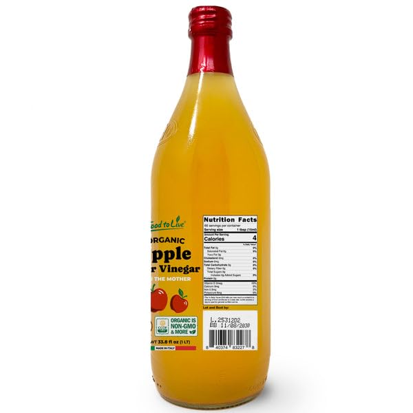 Food To Live Organic Apple Cider Vinegar 1 L – Raw Italian Natural Vinegar with the Mother Unfiltered Unpasteurized Non-GMO Vegan Glass Bottle (Pack of 2)