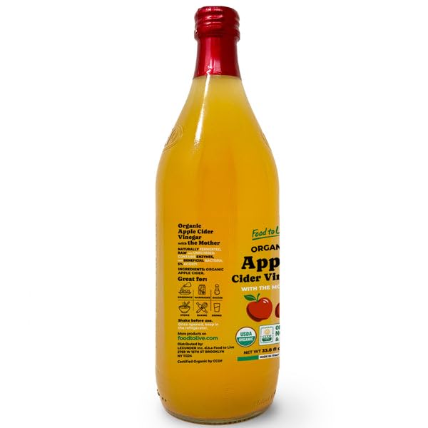 Food To Live Organic Apple Cider Vinegar 1 L – Raw Italian Natural Vinegar with the Mother Unfiltered Unpasteurized Non-GMO Vegan Glass Bottle (Pack of 2)