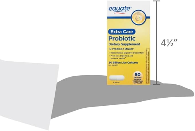 Equate Extra Care Probiotic Delayed-Release Capsules 30 Billion CFU 10 Strains 50 Count Sticker