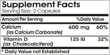Calcium Carbonate 600mg / Vitamin D 125IU // 200 Capsules // Pure // by PureControl Supplements