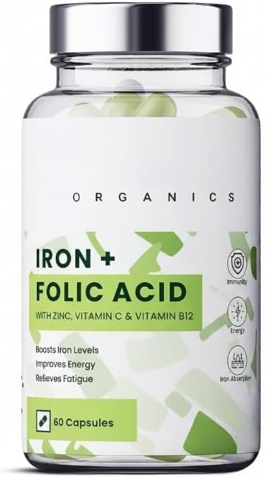 Iron + Folic Acid Supplement with Zinc Vitamin C &amp Vitamin B12 | 60 Veg Capsules | SupportsImmunity and Energy | Enhances Iron Absorption| for Both Men &amp Women