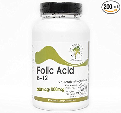 Folic Acid 400mcg B-12 1000mcg ~ 200 Capsules - No Additives ~ Naturetition Supplements