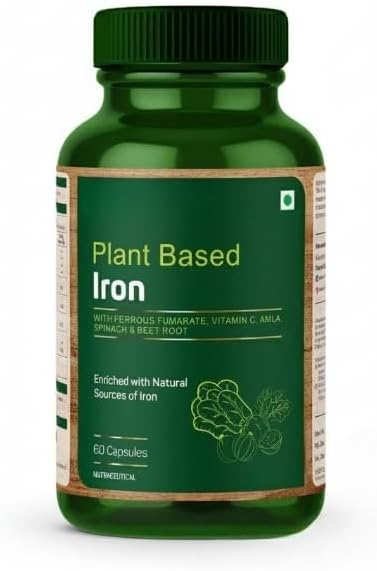 Plant Based Iron with Ferrous Fumarate Vitamin C Spinach &amp Beet Root Enriched with Natural Sources of Iron – 60 Capsules