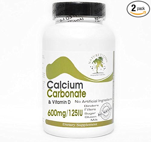 Calcium Carbonate 600mg &amp Vitamin D 125IU ~ 200 Capsules - No Additives ~ Naturetition Supplements