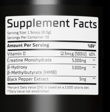 GMU SPORT Creatine 2.0 – Creatine + HMB Powder | 50 Servings | 5g Creatine Monohydrate + 3g HMB + Piperine | Muscle Growth Strength &amp Recovery Support | Clean Unflavored Supplement for Men &amp