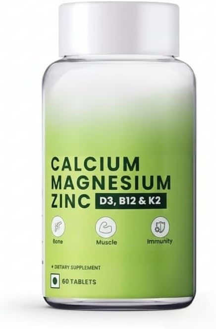 Calcium Magnesium Zinc with Vitamin D3 &amp B12 1000mg I 60 Veg Tablets|Support Strong Joints Health |for Both Men &amp Women 1 Count 60 Capsules