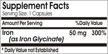 Iron Glycinate 50mg ~ 200 Capsules - No Additives ~ Naturetition Supplements