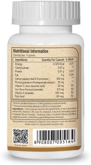Generic Papaya Leaf &amp Fruit Extract Supplement with Iron Promegranate Extract &amp vitamins Immunity &amp Digestive Health - 60 Veg Capsules