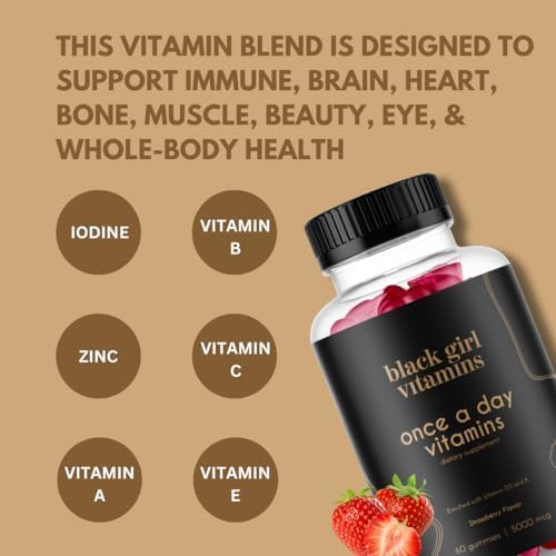 Black Girl Vitamins Once a Day - Womens Multivitamin Gummy - Vitamin A B C E and Zinc. Multivitamin for Women Immune Support. Vegan Gluten-Free. Made in The USA (60 Day Supply Strawberry)