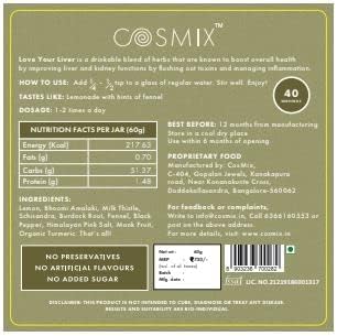 cosmix Love Your Liver Detoxification of Liver &amp Kidney Purifies Blood Reduce Inflamation Bhumi Amalaki Milk Thistle Turmeric 60G - Makes Upto 40 Servings Plant-Based Superfood Blend