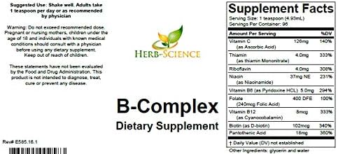 Vitamin B-ComplexSuper B Complex Vitamins with Vitamin C Liquid 16 oz - All B Vitamins Including B1 B2 B3 B5 B6 B7 B9 B12 Folic Acid Niacin Biotin Alcohol-Free - Herb-Science