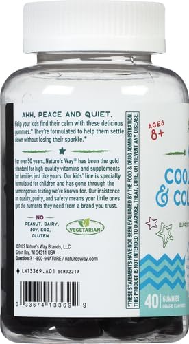 Nature's Way Kids Cool &amp Calm GummiesSupports a Calm Mood in Kids Ages 8+*Lemon BalmMagnesiumVitamin B6L-TheanineGrape FlavoredVegetarian(Packaging May Vary)40 Count (Pack of 2)