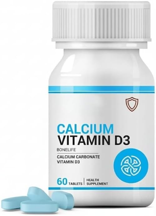 Calcium and Vitamin D3 Tablets for Men Women | Calcium Carbonate Supplement for Bone and Joint Support - 60 Tablets (Pack of 1 60)