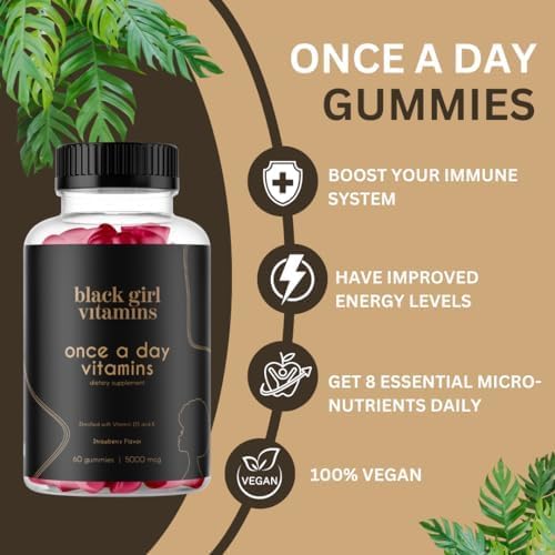 Black Girl Vitamins Once a Day - Womens Multivitamin Gummy - Vitamin A B C E and Zinc. Multivitamin for Women Immune Support. Vegan Gluten-Free. Made in The USA (60 Day Supply Strawberry)