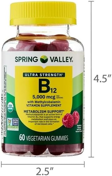 Spring Valley B12 5000 mcg-Vitamin Gummies Ultra Strength Methylcobalamin 60ct (Pack of 1) Set by Basket Goods