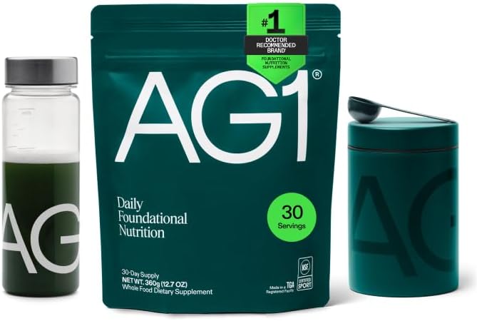 AG1 Greens Powder Supplement Bundle w/Stainless Steel Storage Canister – Multivitamin Probiotic &amp Superfood Blend | Gut Health &amp Daily Wellness Support | Includes Shaker &amp Scoop | Vegan