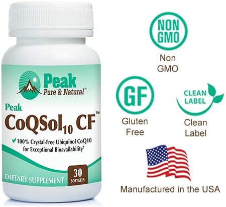 Peak CoQSol10 CF - 100% Crystal-Free Ubiquinol CoenzymeQ10 for Enhanced Bioavailability - Ubiquinol CoQ10 - Natural Energy Booster - Supports Immunity Brain and Heart Health (30 Softgels)