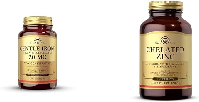 Solgar Gentle Iron - Ideal for Sensitive StomachsRed Blood Cell Supplement Non Constipating &amp GMO &amp Chelated Zinc 250 Tablets - Zinc for Healthy Skin - Supports Cell Growth &amp DNA Formati