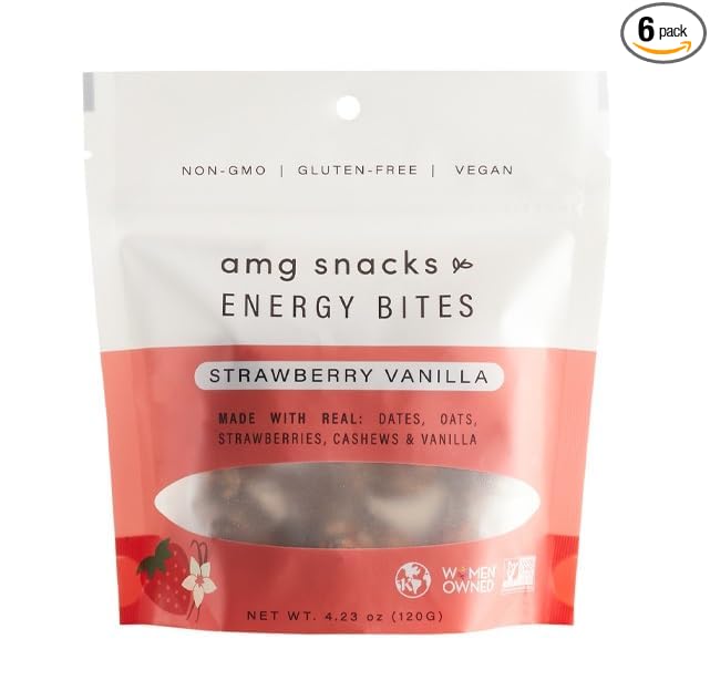 AMG Snacks Strawberry Vanilla Energy Bites | 4.3 oz Pack of 6 (72 Bites Total) | Date and Nut Energy Snacks Protein Bars | Non GMO Gluten Free Vegan Protein Bites | Made with All Natural Ingredient