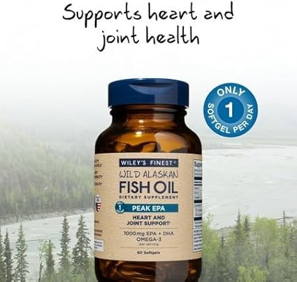 Wiley's Finest Wild Alaskan Fish Oil Peak EPA - Triple Strength Peak EPA &amp DHA Supplement - 1000mg Fish Oil - Omega-3s for Joint Health Support - 60 Softgels (60 Servings)