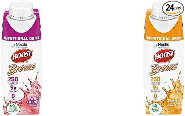 BOOST Breeze Clear Nutritional Drink 9g Protein 250 Nutrient-Rich Calories Wild Berry (Pack of 24) &amp Orange (Pack of 24)