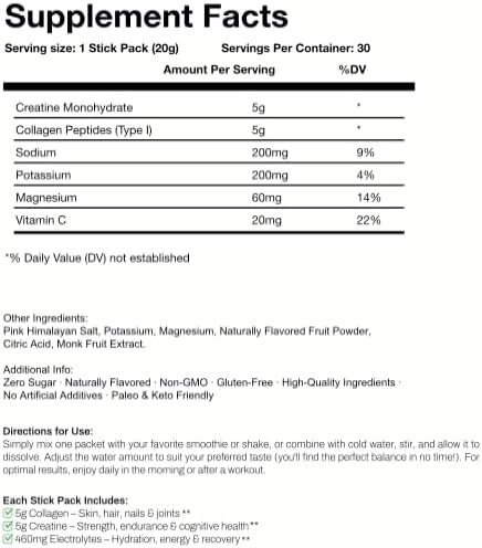 DAILY TRIFECTA 3-in-1 Collagen Creatine &amp Electrolyte Stick Packs | Type I Collagen Creatine Monohydrate Zero Sugar | 30 Natural Single-Serve Packets | Strength Hydration &amp Recovery (Grape