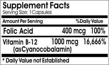 Folic Acid 400mcg B-12 1000mcg ~ 100 Capsules - No Additives ~ Naturetition Supplements